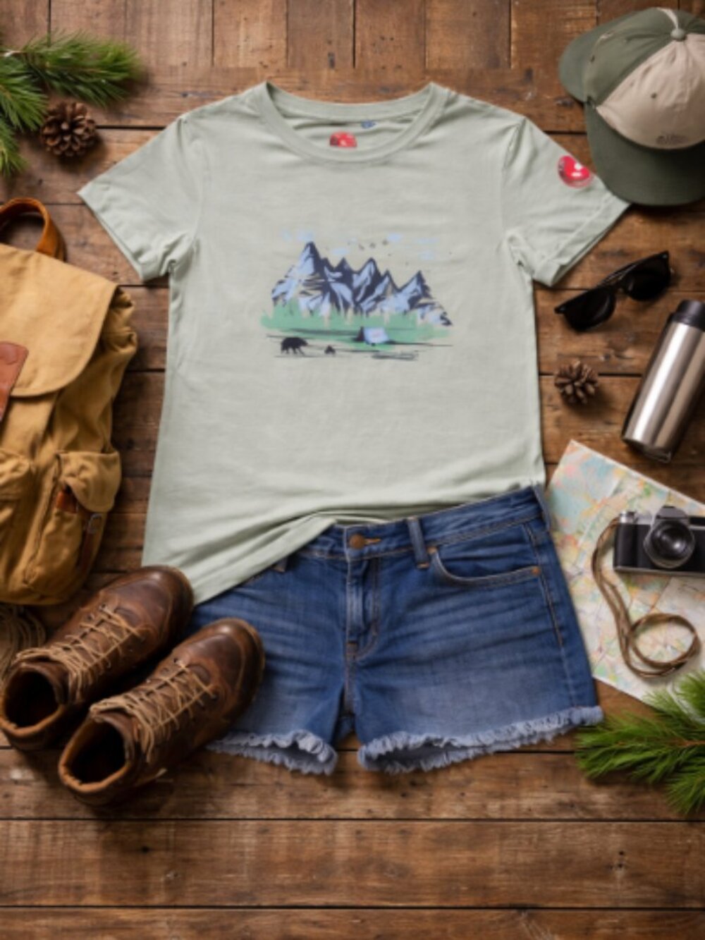 Canada Weather Gear Unisex Mountain Graphic Sage T-Shirt Bear Camping Cotton